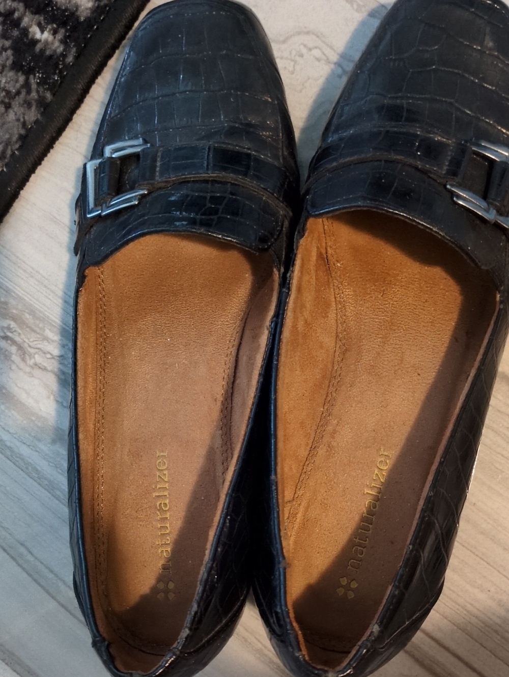 Naturalizer Black Croc-Embossed Loafers with Silver Buckle